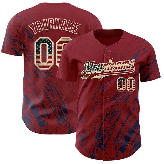 Custom Crimson Vintage USA Flag Navy-Cream Paint Stroke Grunge Streak Authentic Baseball Jersey - Main View