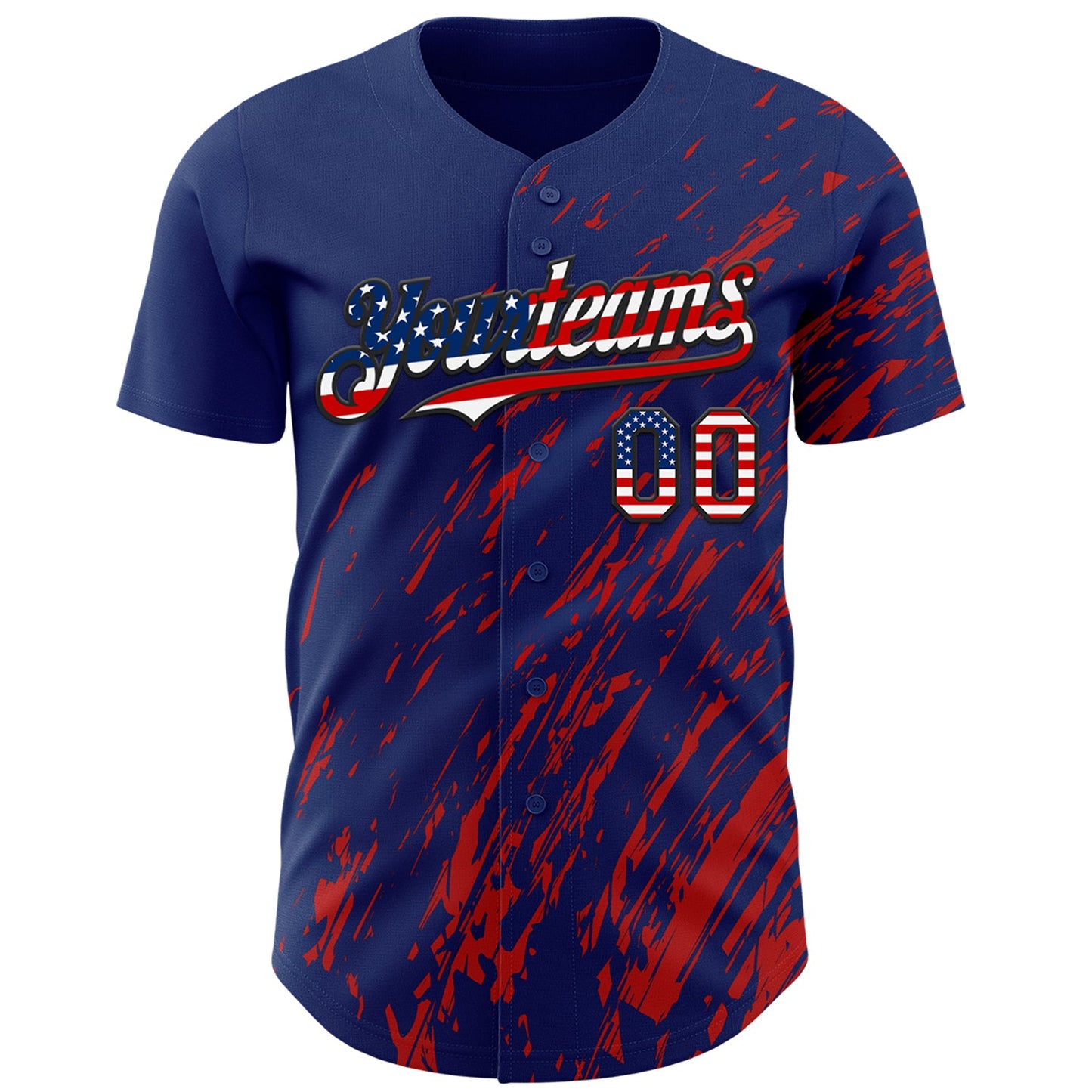 Custom Royal USA Flag Red-Black Paint Stroke Grunge Streak Authentic Baseball Jersey view 2