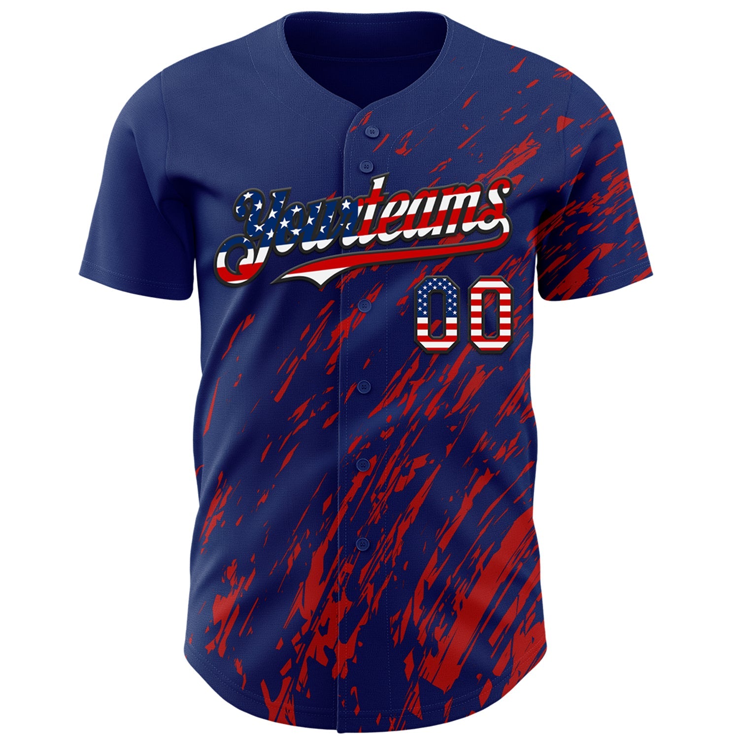 Custom Royal USA Flag Red-Black Paint Stroke Grunge Streak Authentic Baseball Jersey view 2