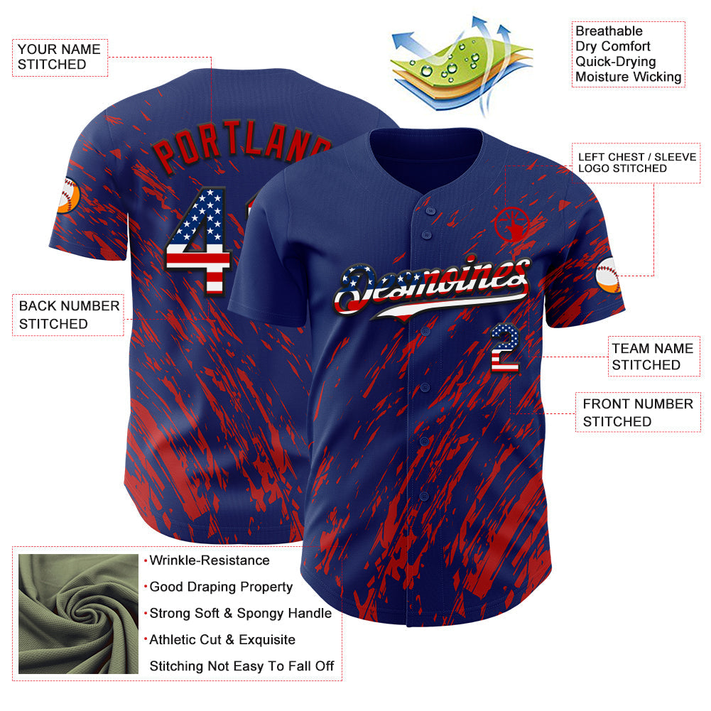 Custom Royal USA Flag Red-Black Paint Stroke Grunge Streak Authentic Baseball Jersey view 3