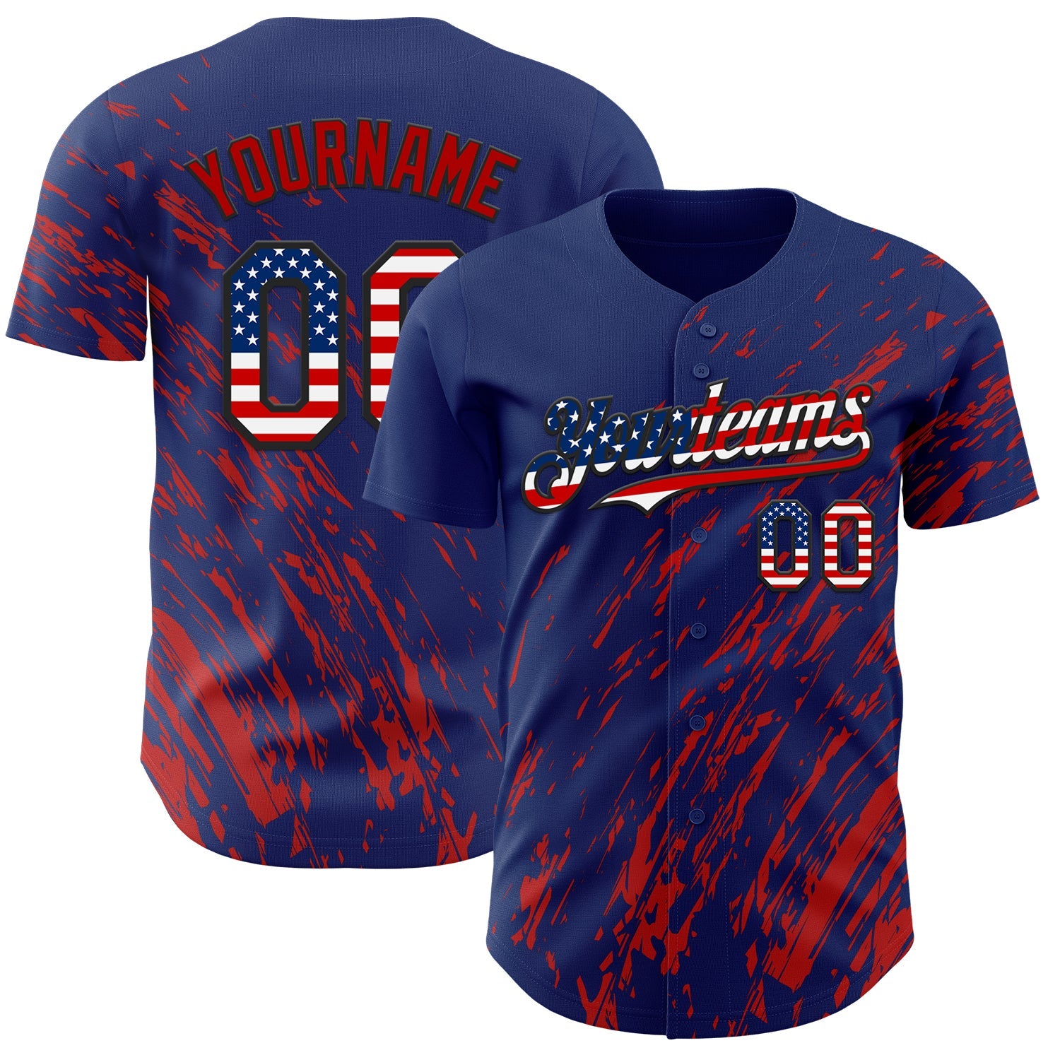 Custom Royal USA Flag Red-Black Paint Stroke Grunge Streak Authentic Baseball Jersey - Main View