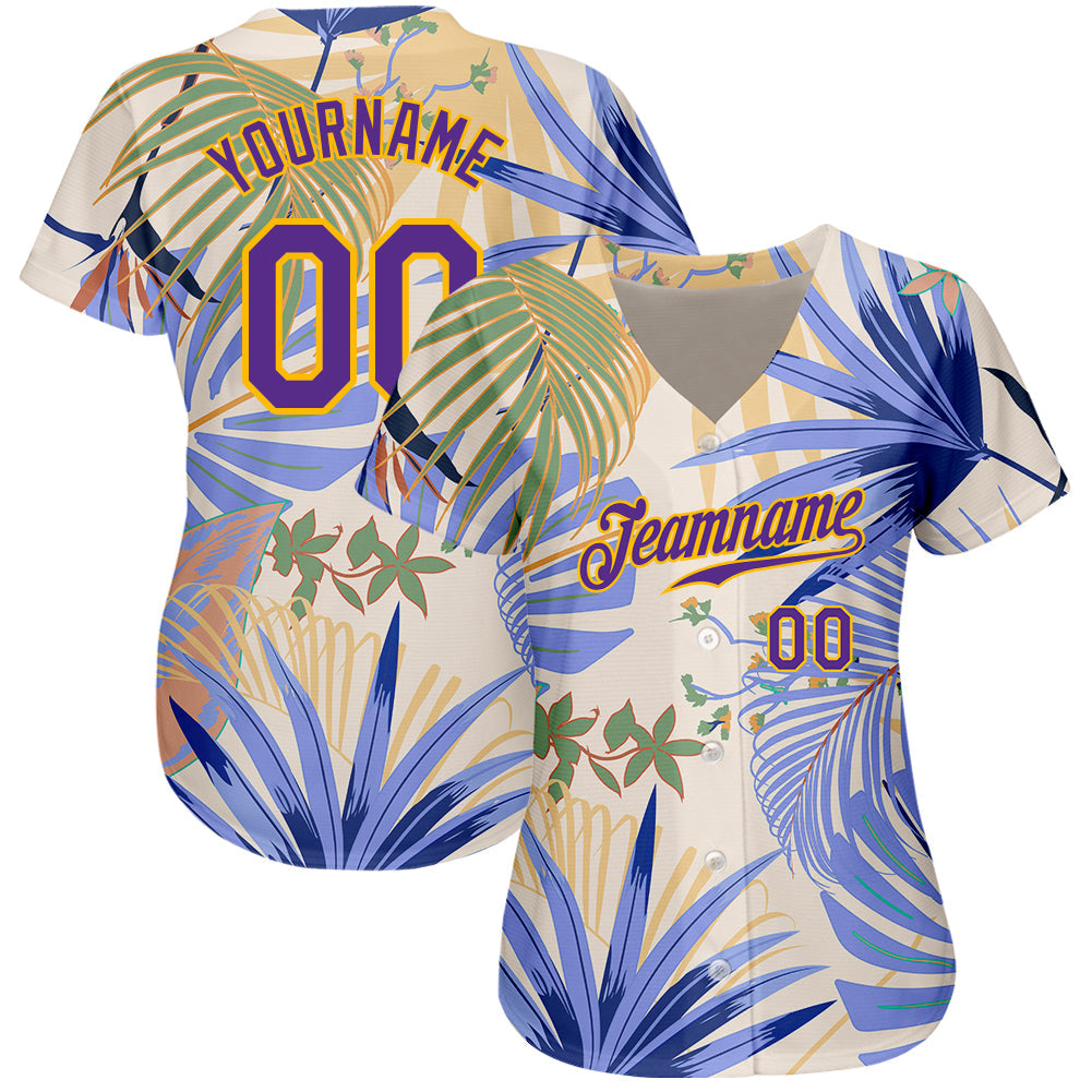 Custom White Purple-Gold 3D Pattern Design Hawaii Palm Leaves And Flowers Authentic Baseball Jersey view 2