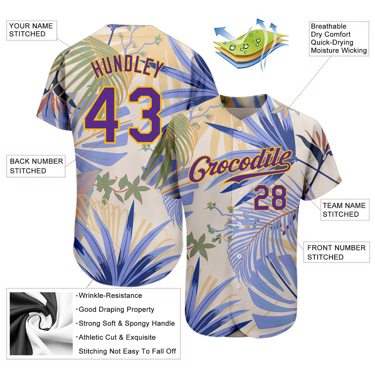Custom White Purple-Gold 3D Pattern Design Hawaii Palm Leaves And Flowers Authentic Baseball Jersey view 3