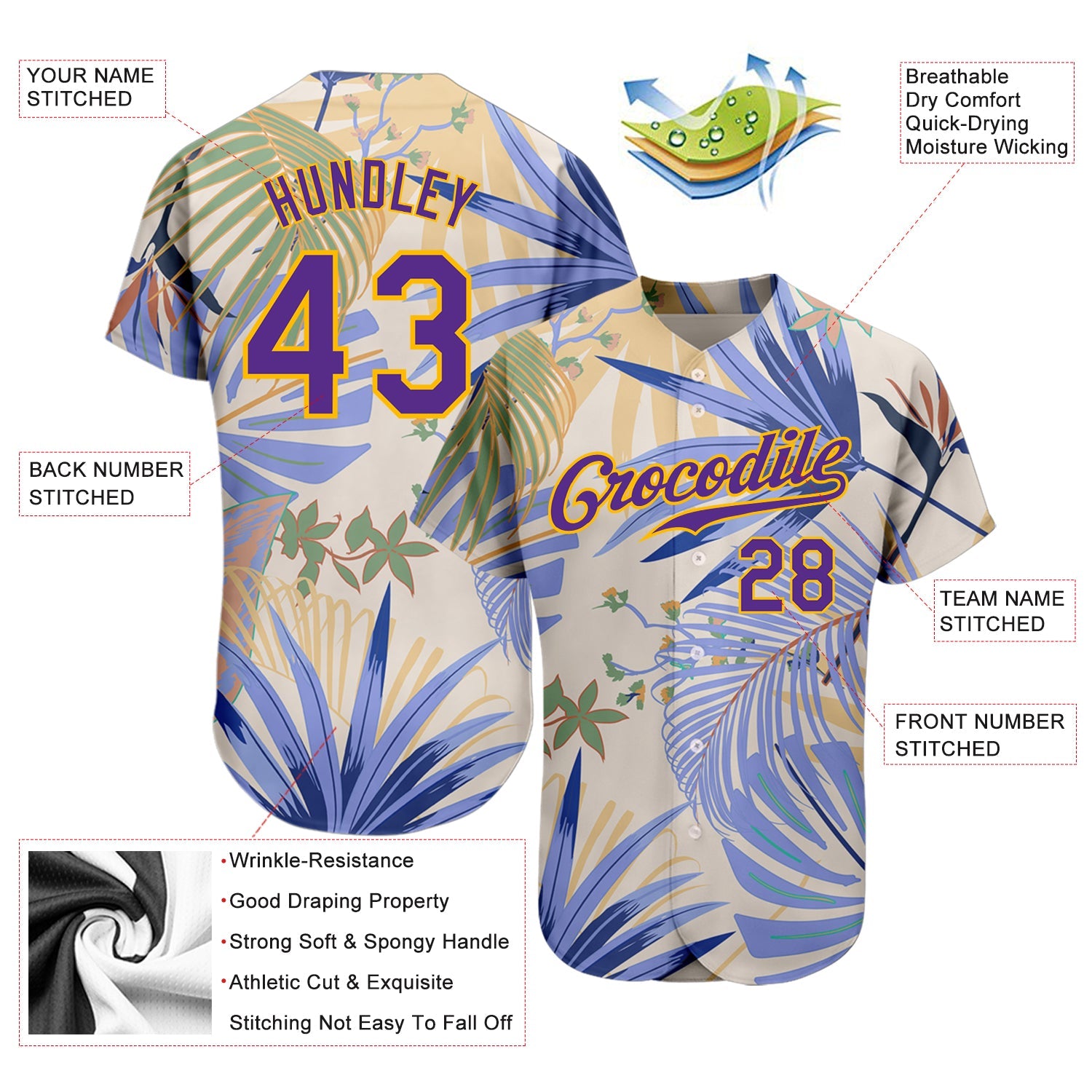 Custom White Purple-Gold 3D Pattern Design Hawaii Palm Leaves And Flowers Authentic Baseball Jersey view 3