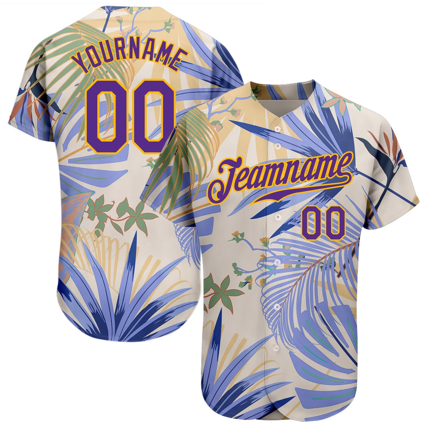 Custom White Purple-Gold 3D Pattern Design Hawaii Palm Leaves And Flowers Authentic Baseball Jersey - Main View