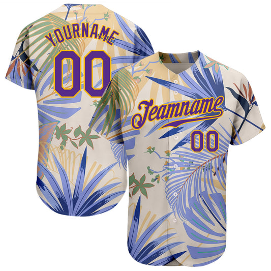 Custom White Purple-Gold 3D Pattern Design Hawaii Palm Leaves And Flowers Authentic Baseball Jersey - Main View