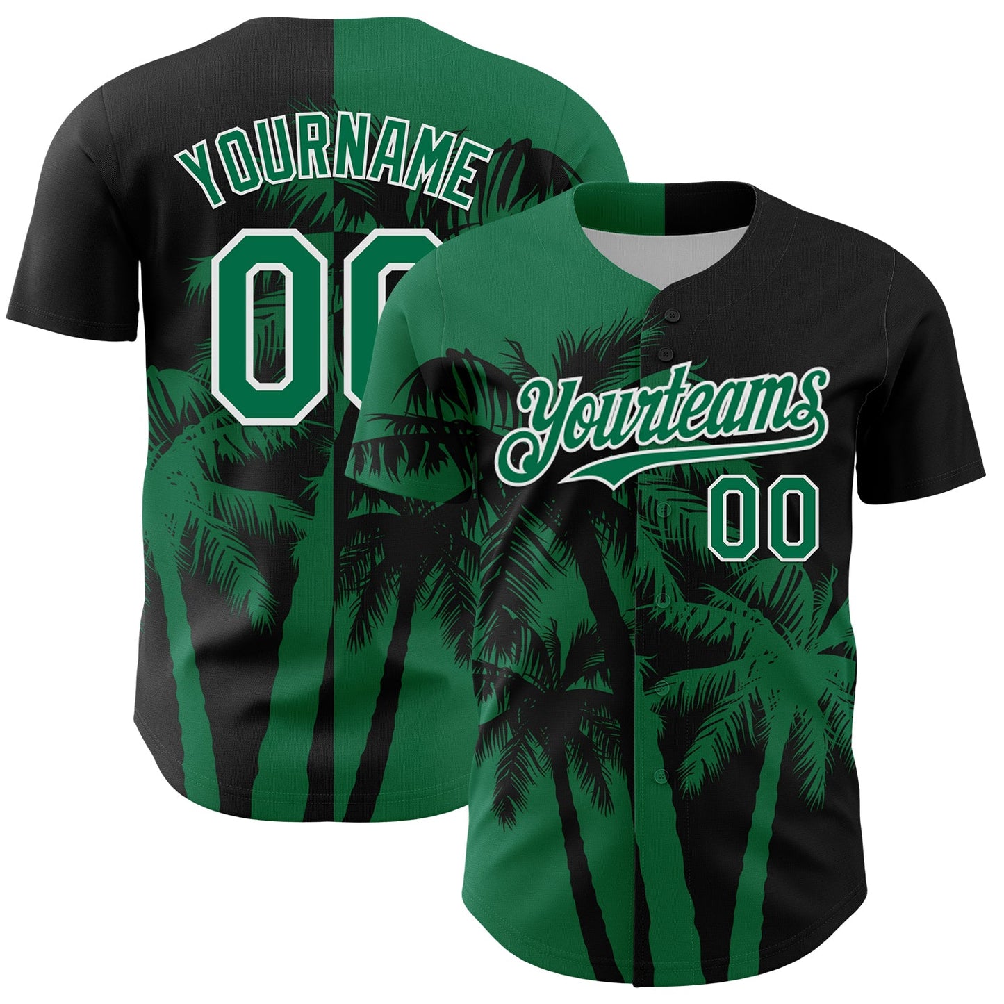 Custom Black Kelly Green-White Hawaii Palm Trees Tropical Coconut Authentic Baseball Jersey - Main View