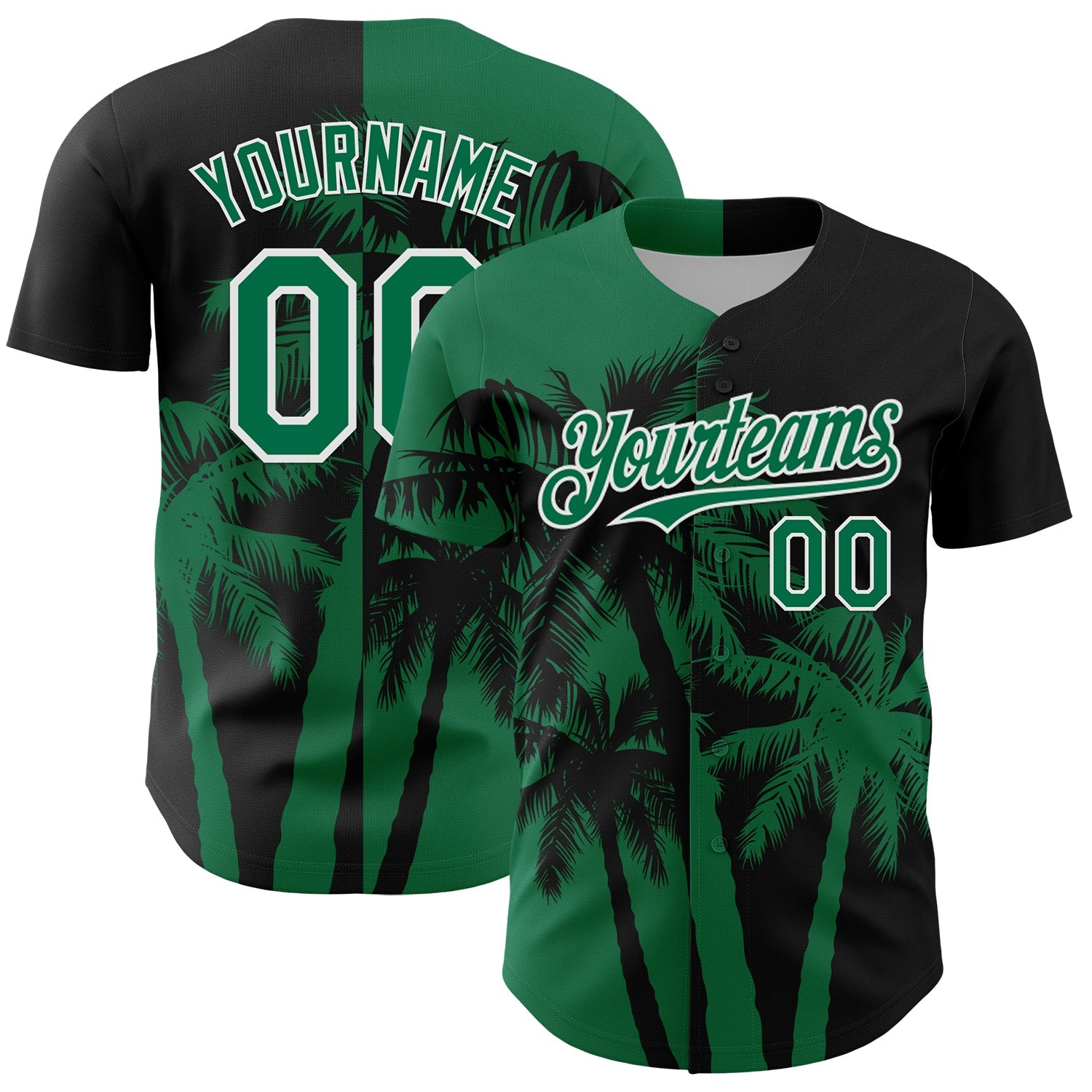 Custom Black Kelly Green-White Hawaii Palm Trees Tropical Coconut Authentic Baseball Jersey - Main View