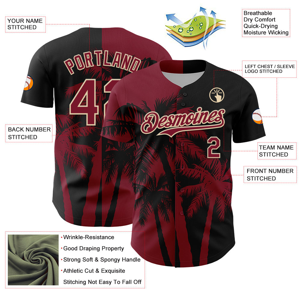Custom Black Crimson-City Cream Hawaii Palm Trees Tropical Coconut Authentic Baseball Jersey view 3