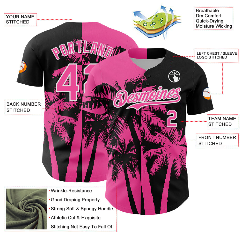 Custom Black Pink-White Hawaii Palm Trees Tropical Coconut Authentic Baseball Jersey view 3