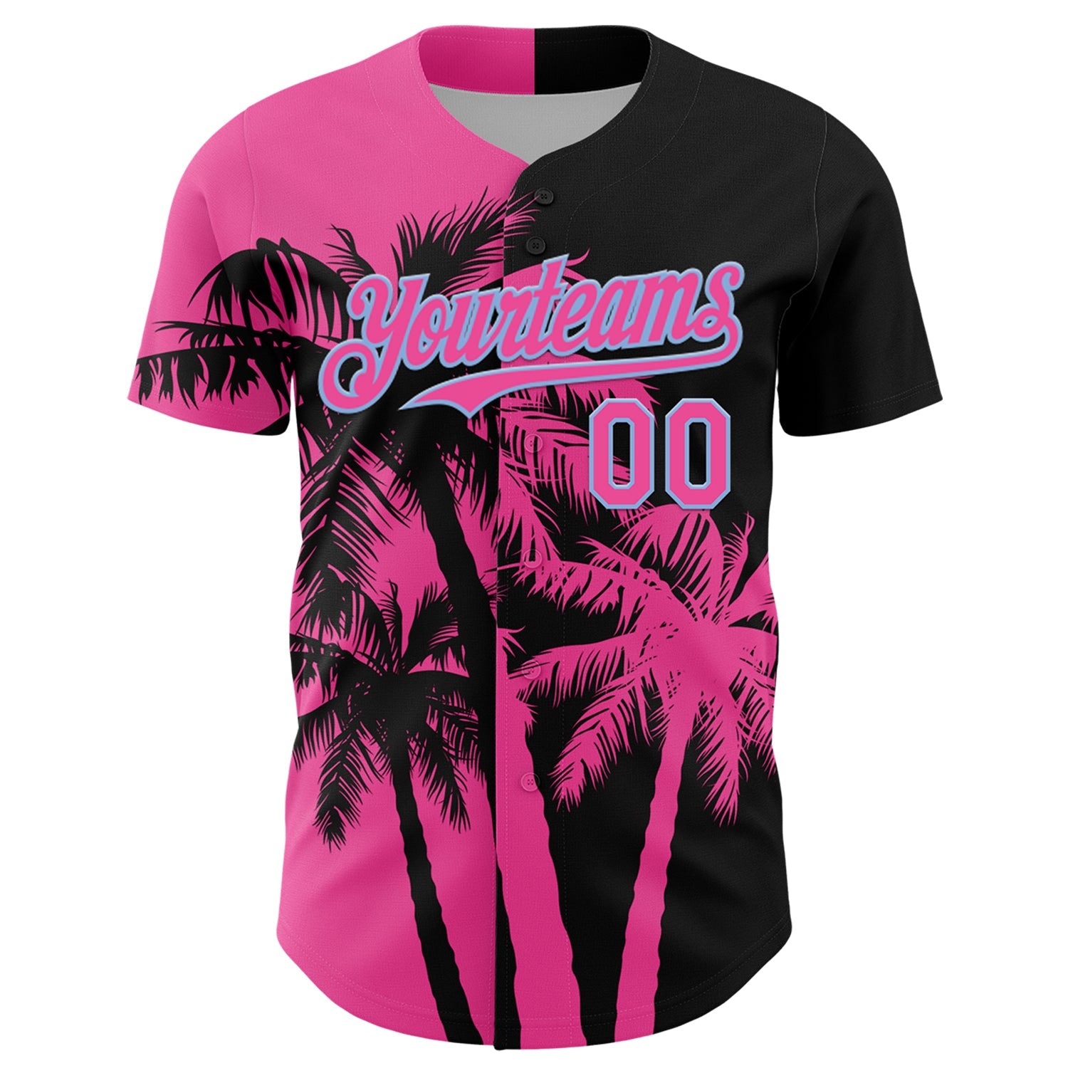 Custom Black Pink-Light Blue Hawaii Palm Trees Tropical Coconut Authentic Baseball Jersey view 2