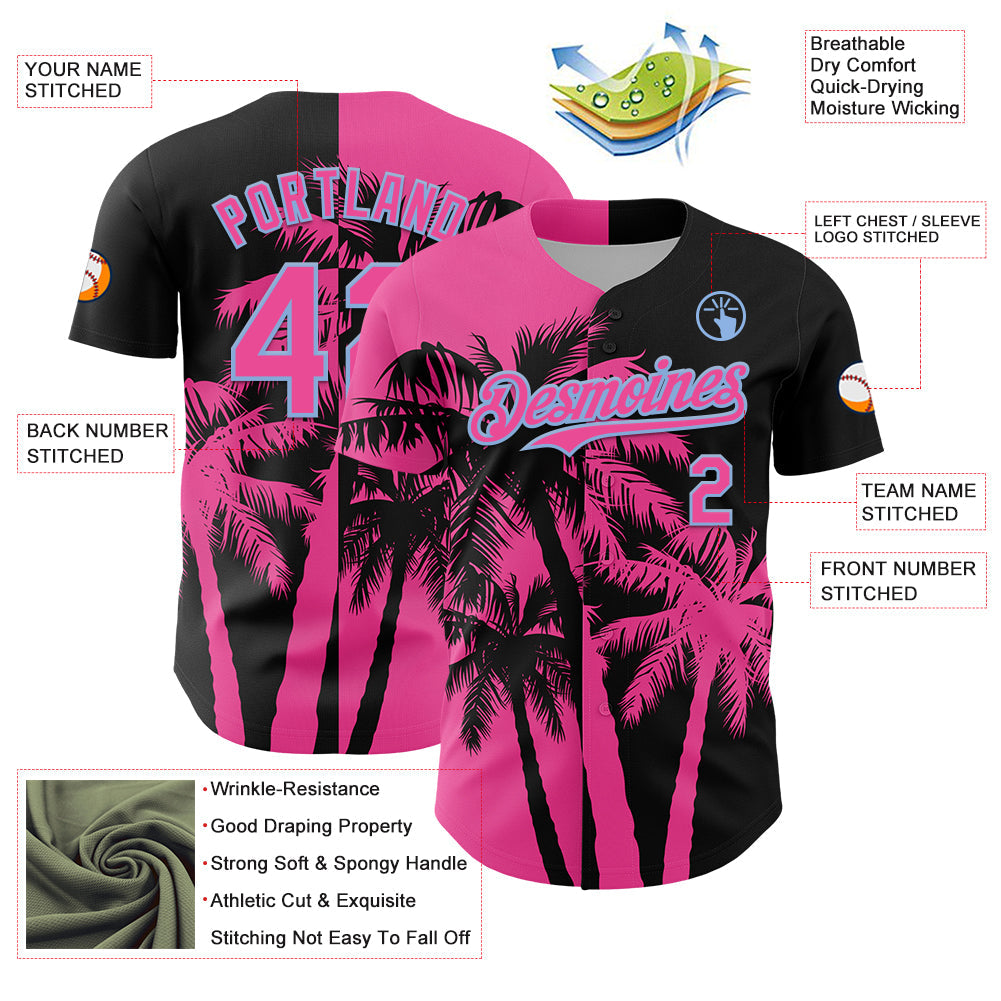 Custom Black Pink-Light Blue Hawaii Palm Trees Tropical Coconut Authentic Baseball Jersey view 3