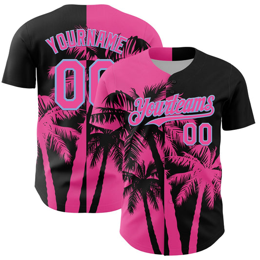 Custom Black Pink-Light Blue Hawaii Palm Trees Tropical Coconut Authentic Baseball Jersey - Main View