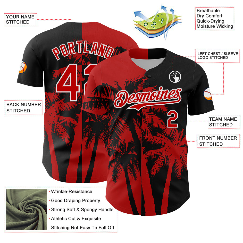 Custom Black Red-White Hawaii Palm Trees Tropical Coconut Authentic Baseball Jersey view 3