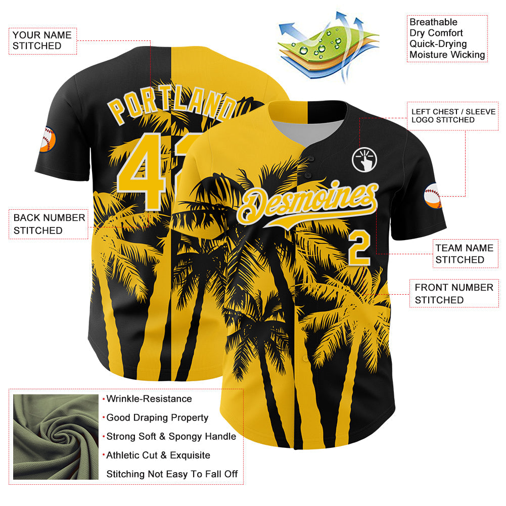 Custom Black Yellow-White Hawaii Palm Trees Tropical Coconut Authentic Baseball Jersey view 3