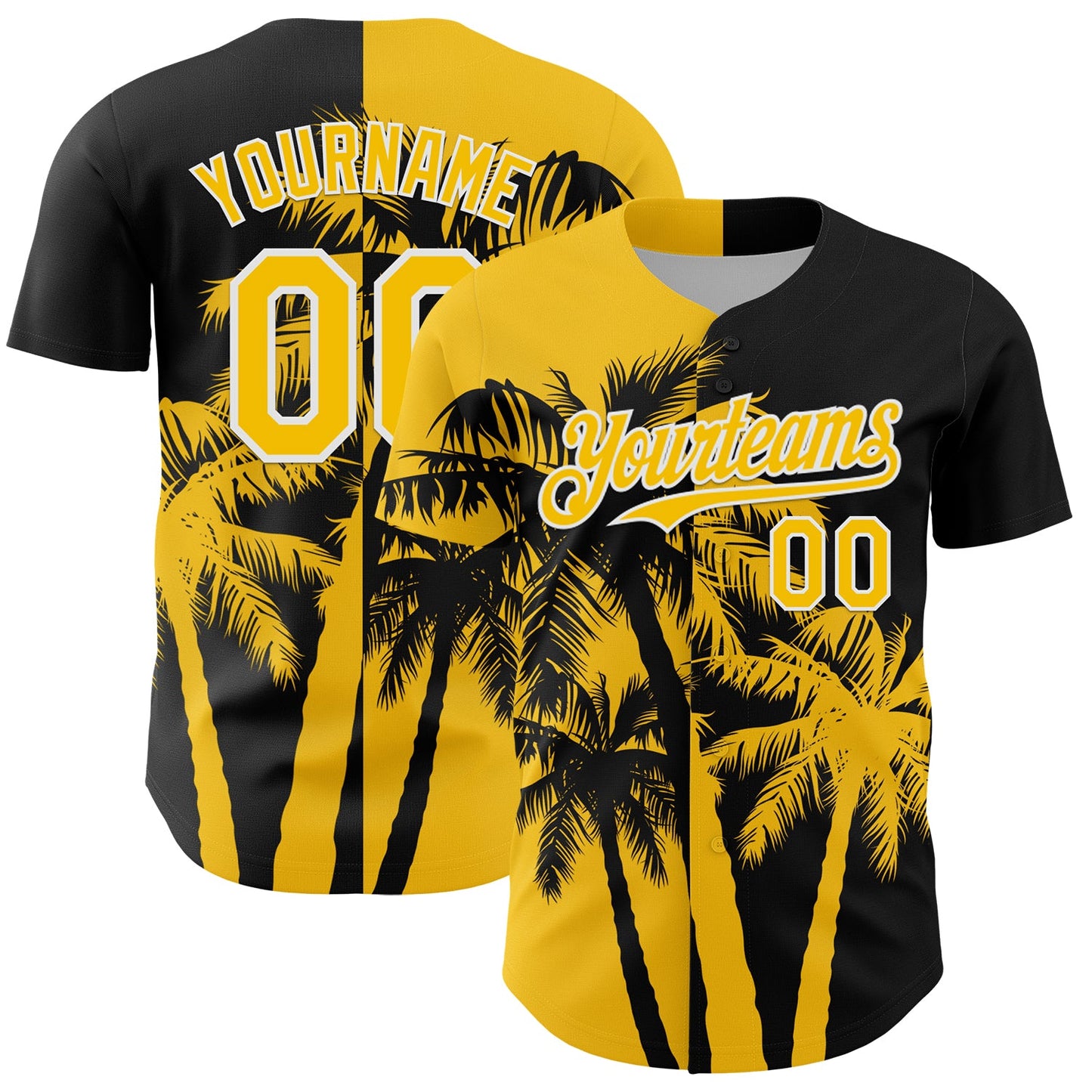 Custom Black Yellow-White Hawaii Palm Trees Tropical Coconut Authentic Baseball Jersey - Main View