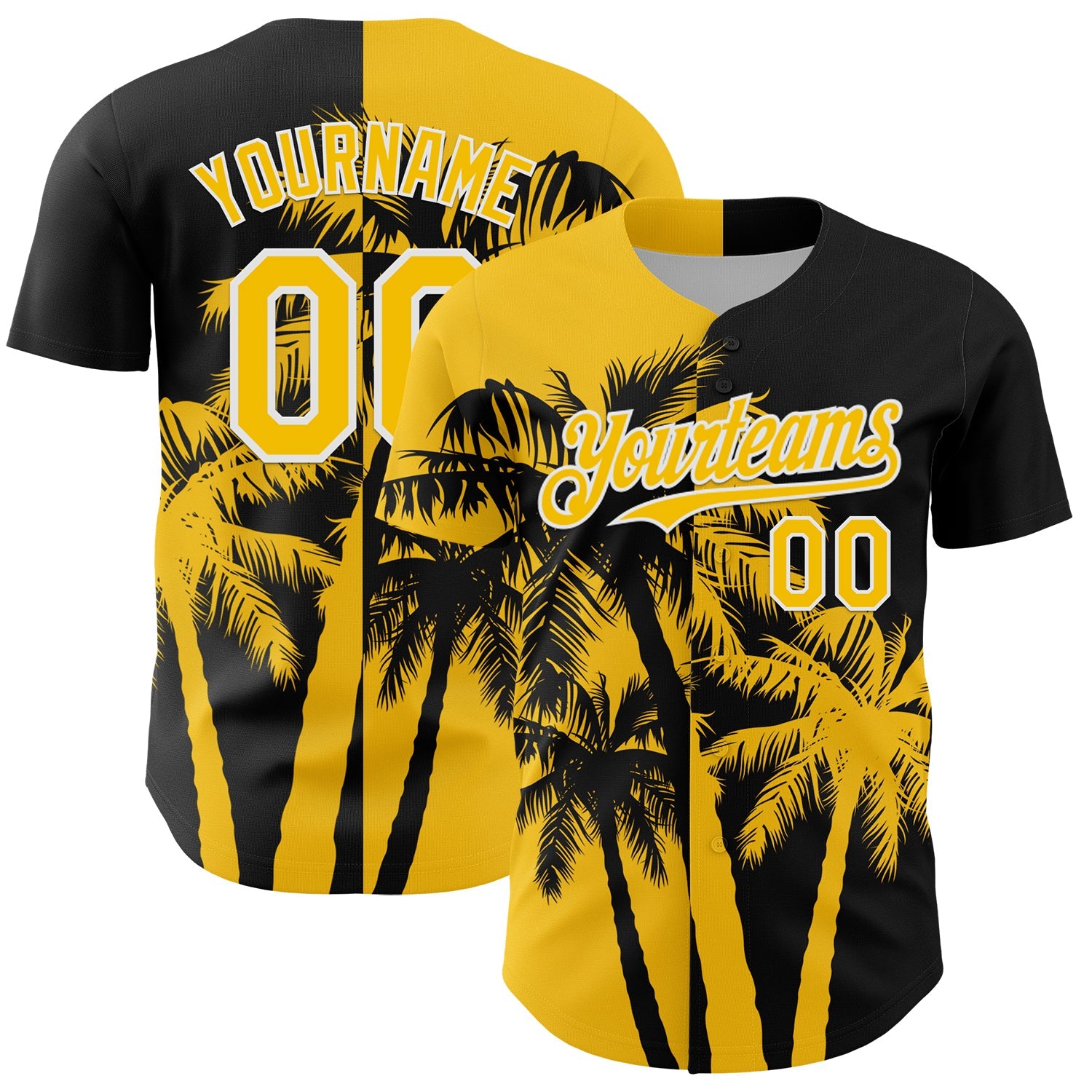 Custom Black Yellow-White Hawaii Palm Trees Tropical Coconut Authentic Baseball Jersey - Main View