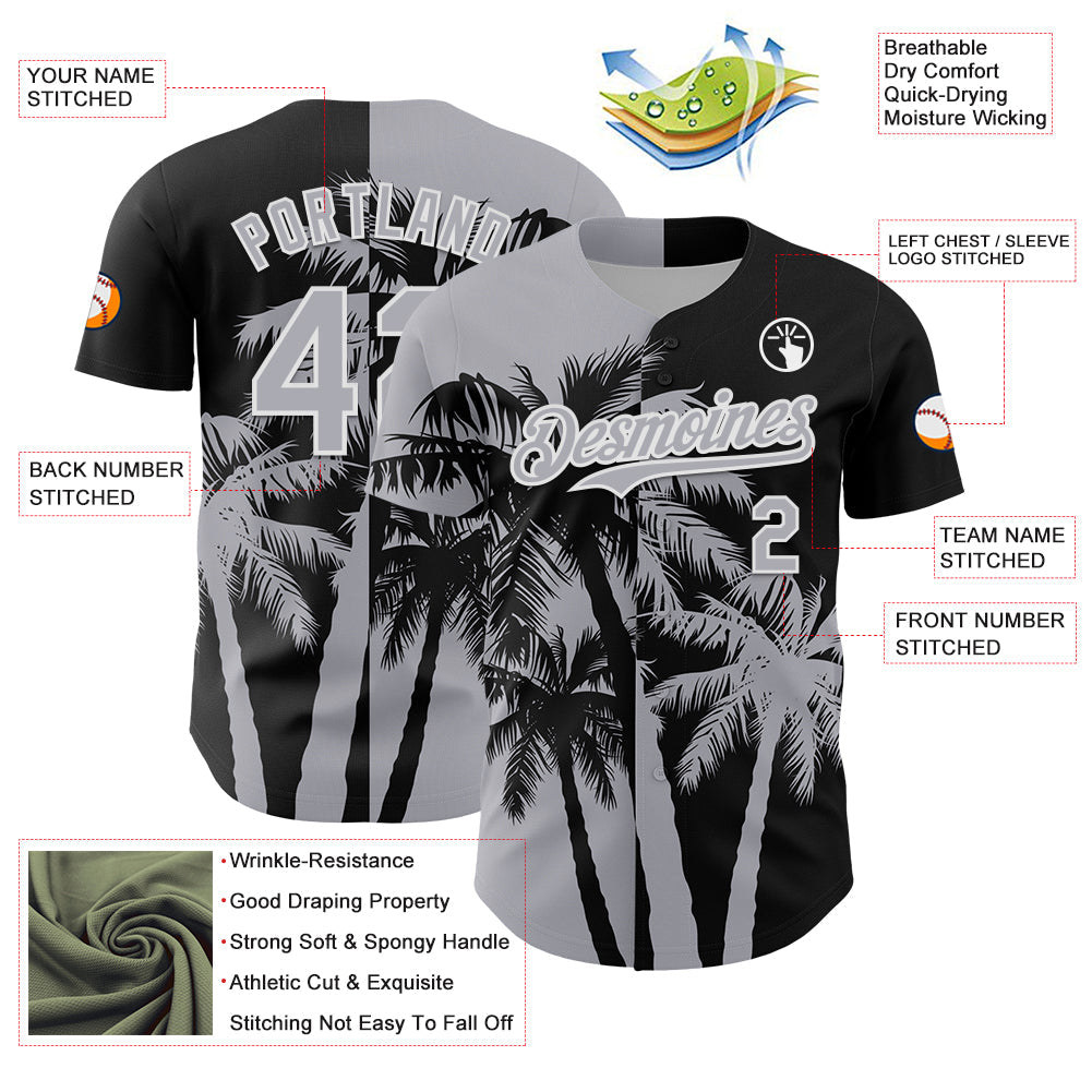 Custom Black Gray-White Hawaii Palm Trees Tropical Coconut Authentic Baseball Jersey view 3