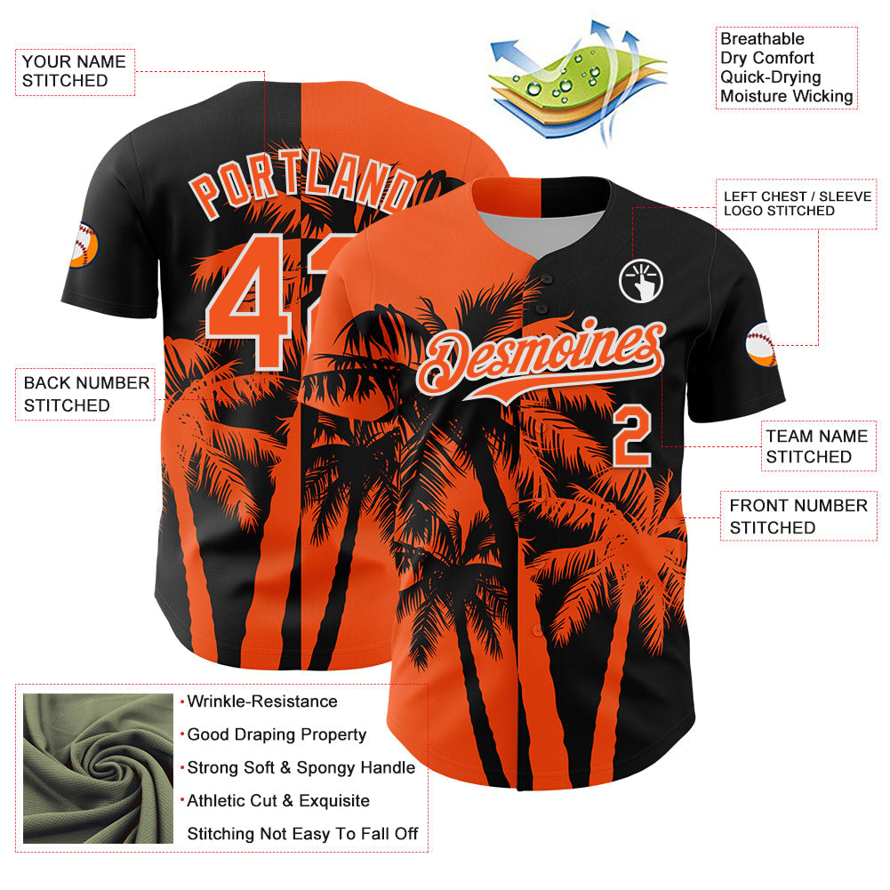 Custom Black Orange-White Hawaii Palm Trees Tropical Coconut Authentic Baseball Jersey view 3