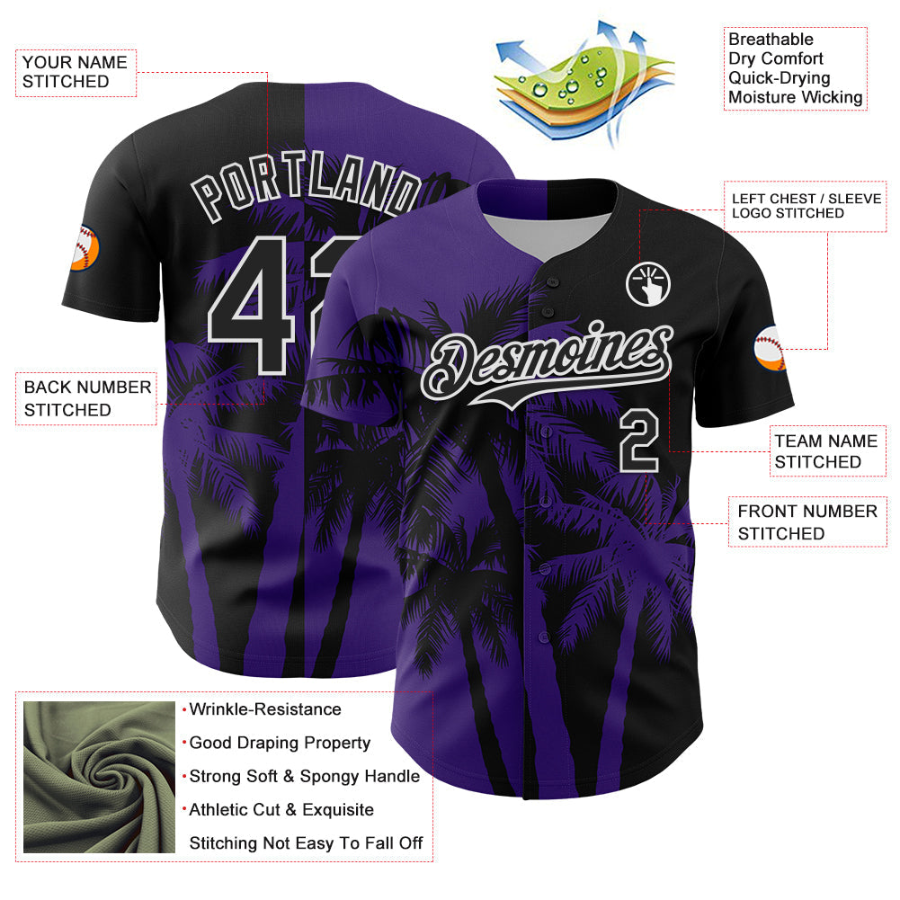 Custom Black Purple-White Hawaii Palm Trees Tropical Coconut Authentic Baseball Jersey view 3