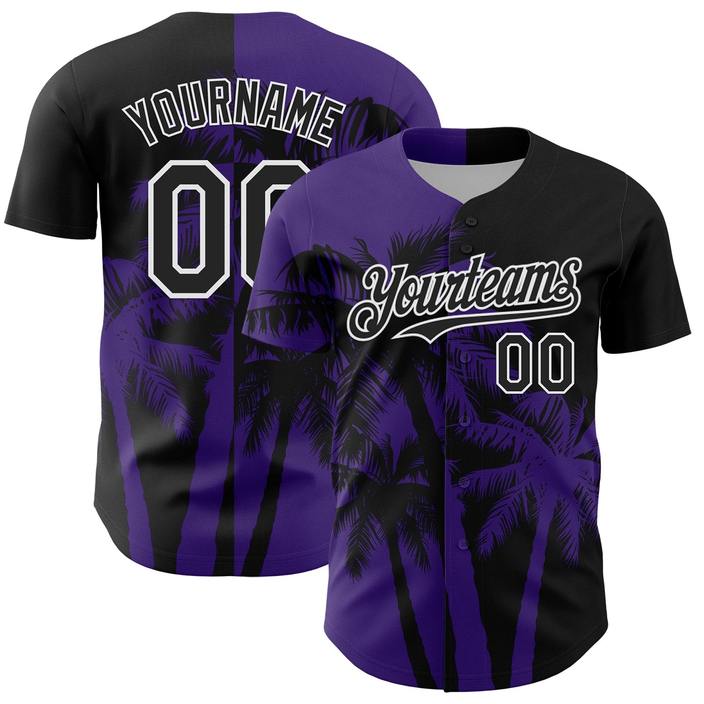 Custom Black Purple-White Hawaii Palm Trees Tropical Coconut Authentic Baseball Jersey - Main View