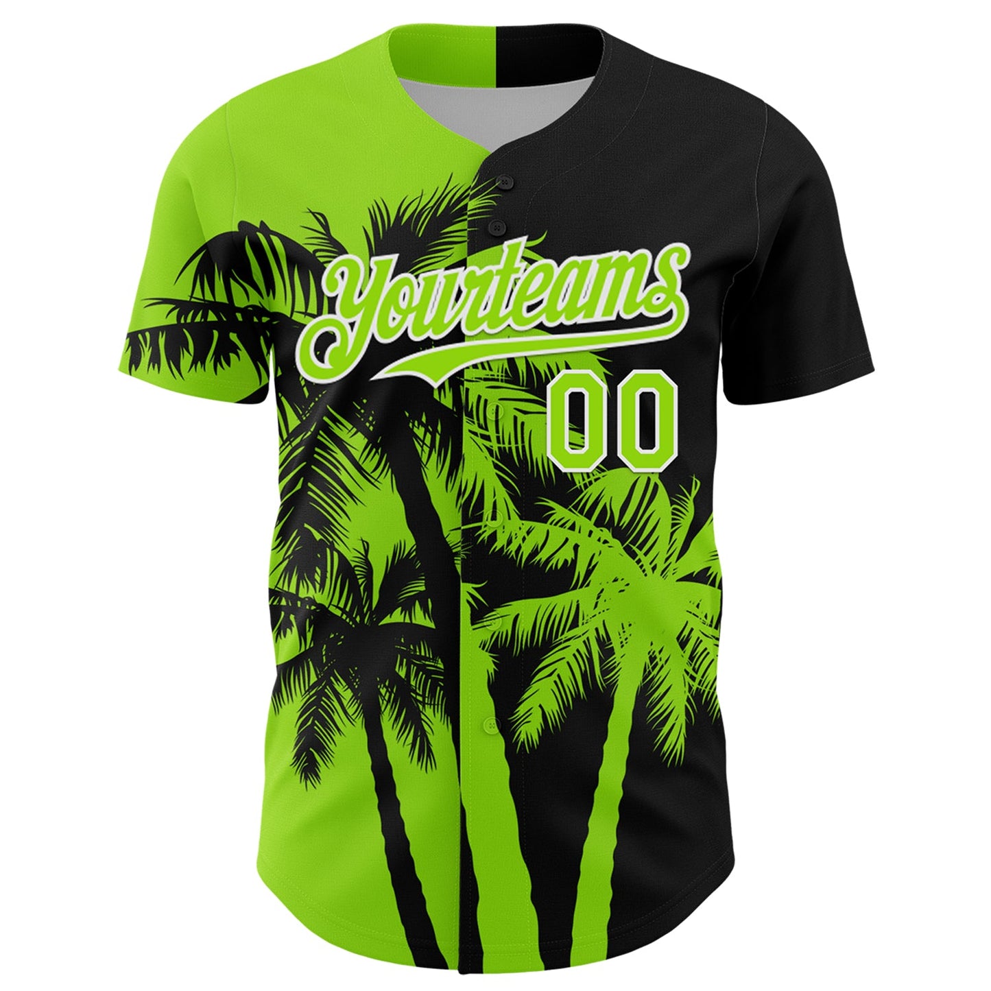 Custom Black Neon Green-White Hawaii Palm Trees Tropical Coconut Authentic Baseball Jersey view 2