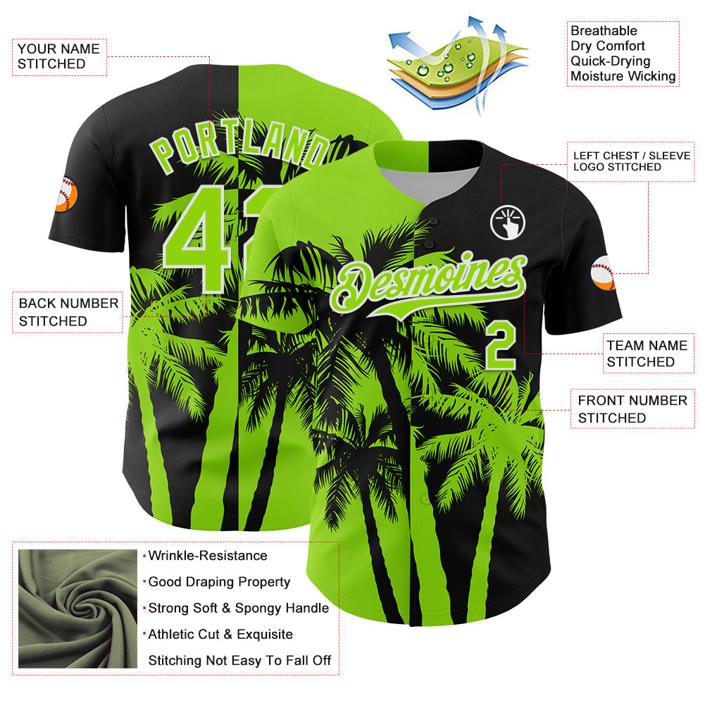 Custom Black Neon Green-White Hawaii Palm Trees Tropical Coconut Authentic Baseball Jersey view 3