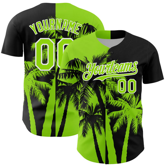 Custom Black Neon Green-White Hawaii Palm Trees Tropical Coconut Authentic Baseball Jersey - Main View