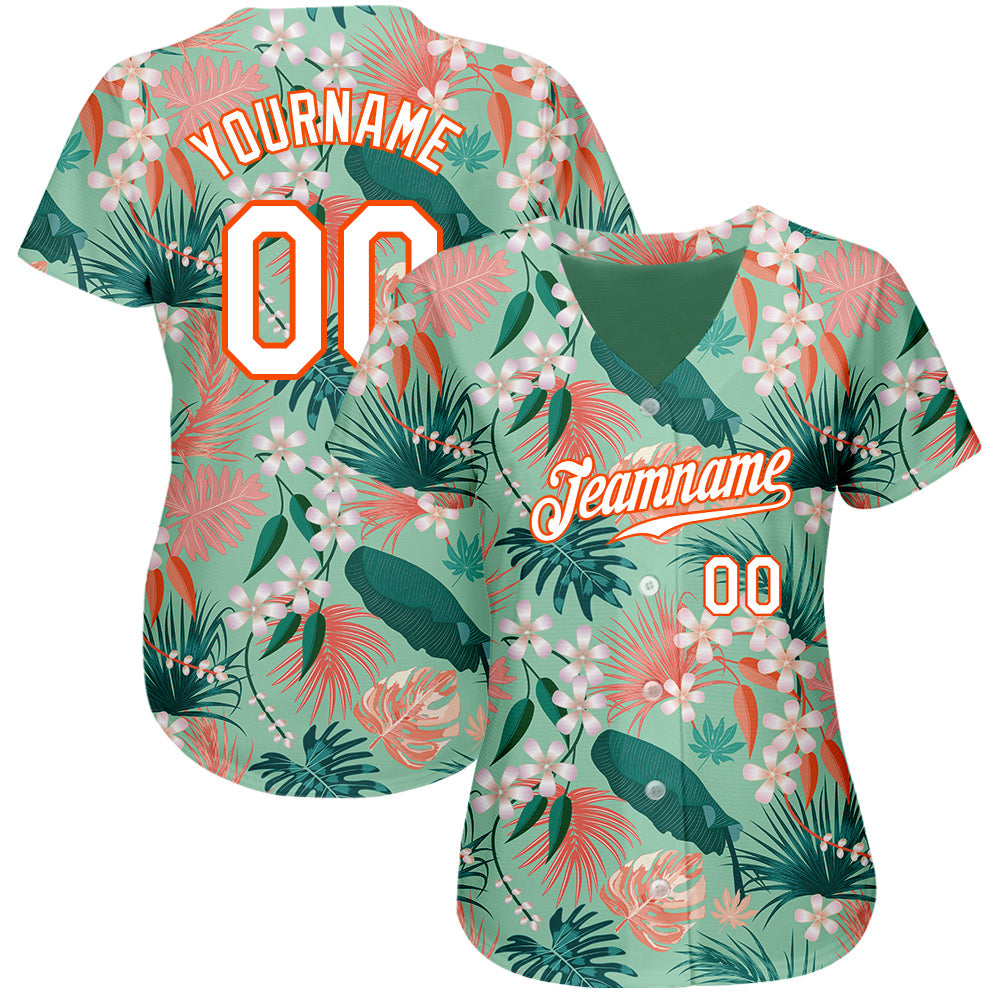 Custom Teal White-Orange 3D Pattern Design Hawaii Palm Leaves And Flowers Authentic Baseball Jersey view 2