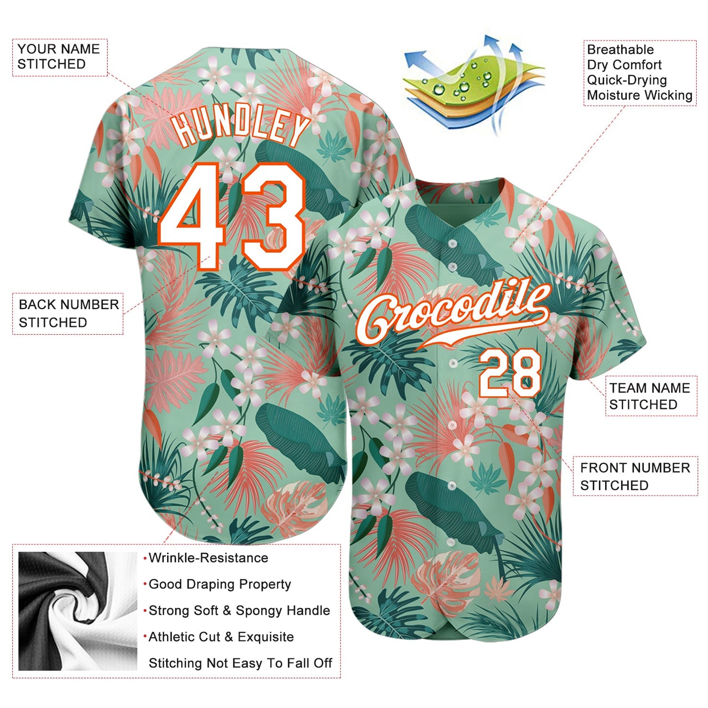 Custom Teal White-Orange 3D Pattern Design Hawaii Palm Leaves And Flowers Authentic Baseball Jersey view 3