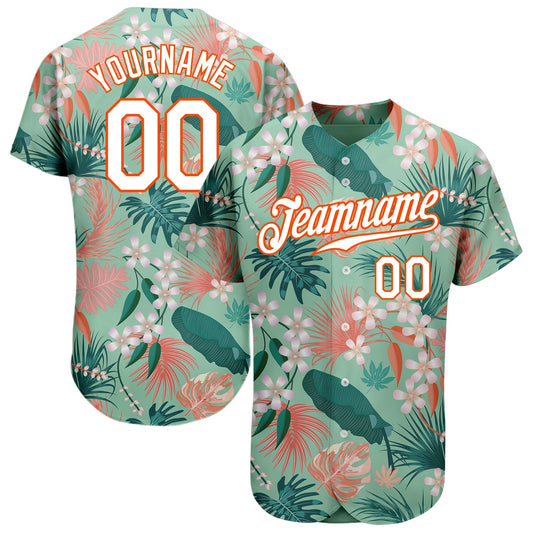 Custom Teal White-Orange 3D Pattern Design Hawaii Palm Leaves And Flowers Authentic Baseball Jersey - Main View