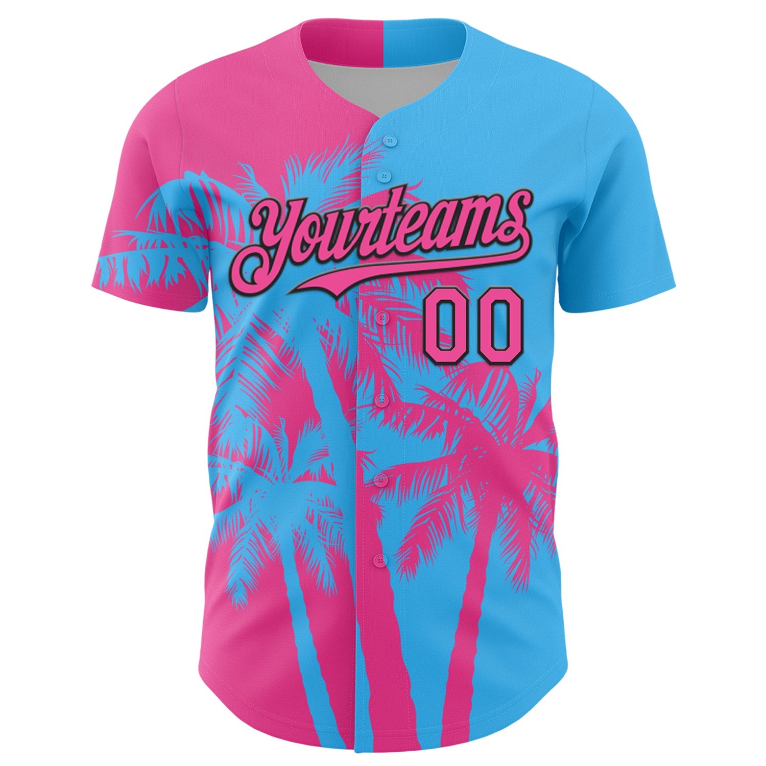 Custom Sky Blue Pink-Black Hawaii Palm Trees Tropical Coconut Authentic Baseball Jersey view 2