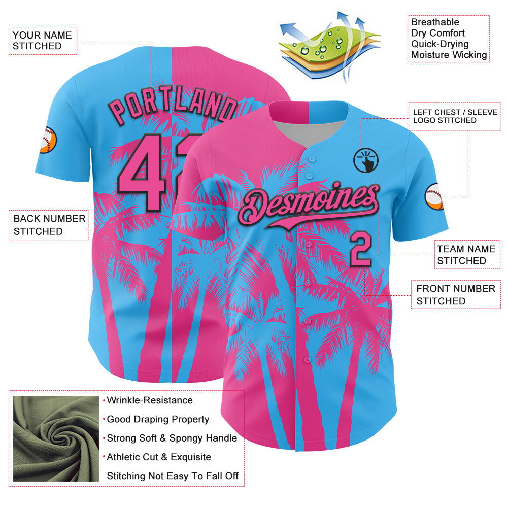 Custom Sky Blue Pink-Black Hawaii Palm Trees Tropical Coconut Authentic Baseball Jersey view 3