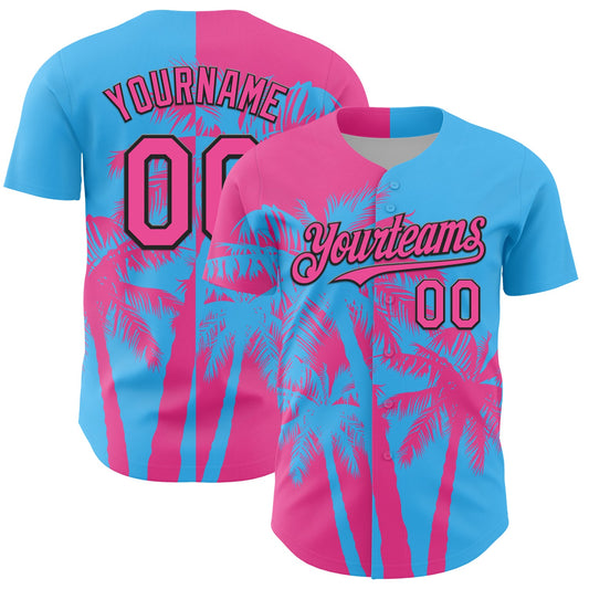 Custom Sky Blue Pink-Black Hawaii Palm Trees Tropical Coconut Authentic Baseball Jersey - Main View