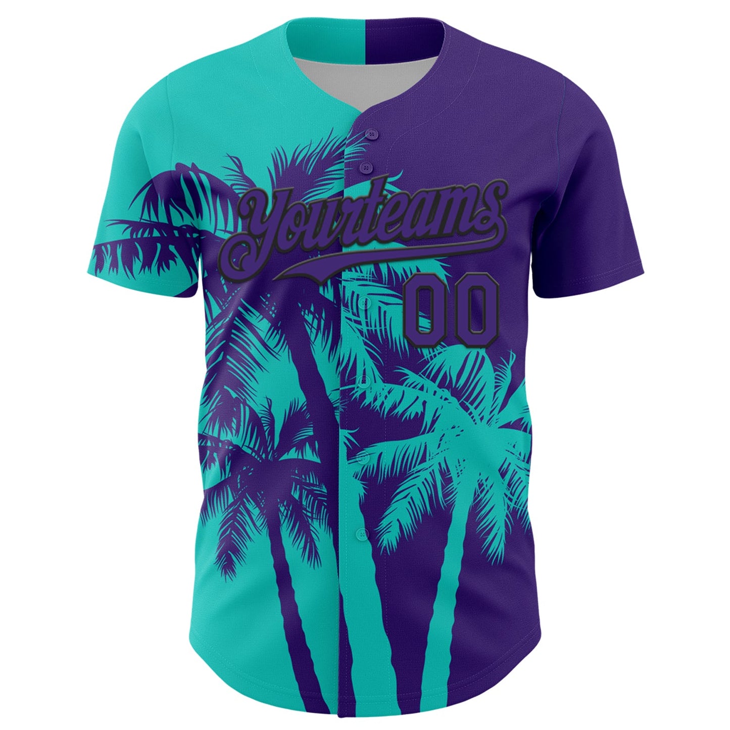 Custom Purple Aqua-Black Hawaii Palm Trees Tropical Coconut Authentic Baseball Jersey view 2