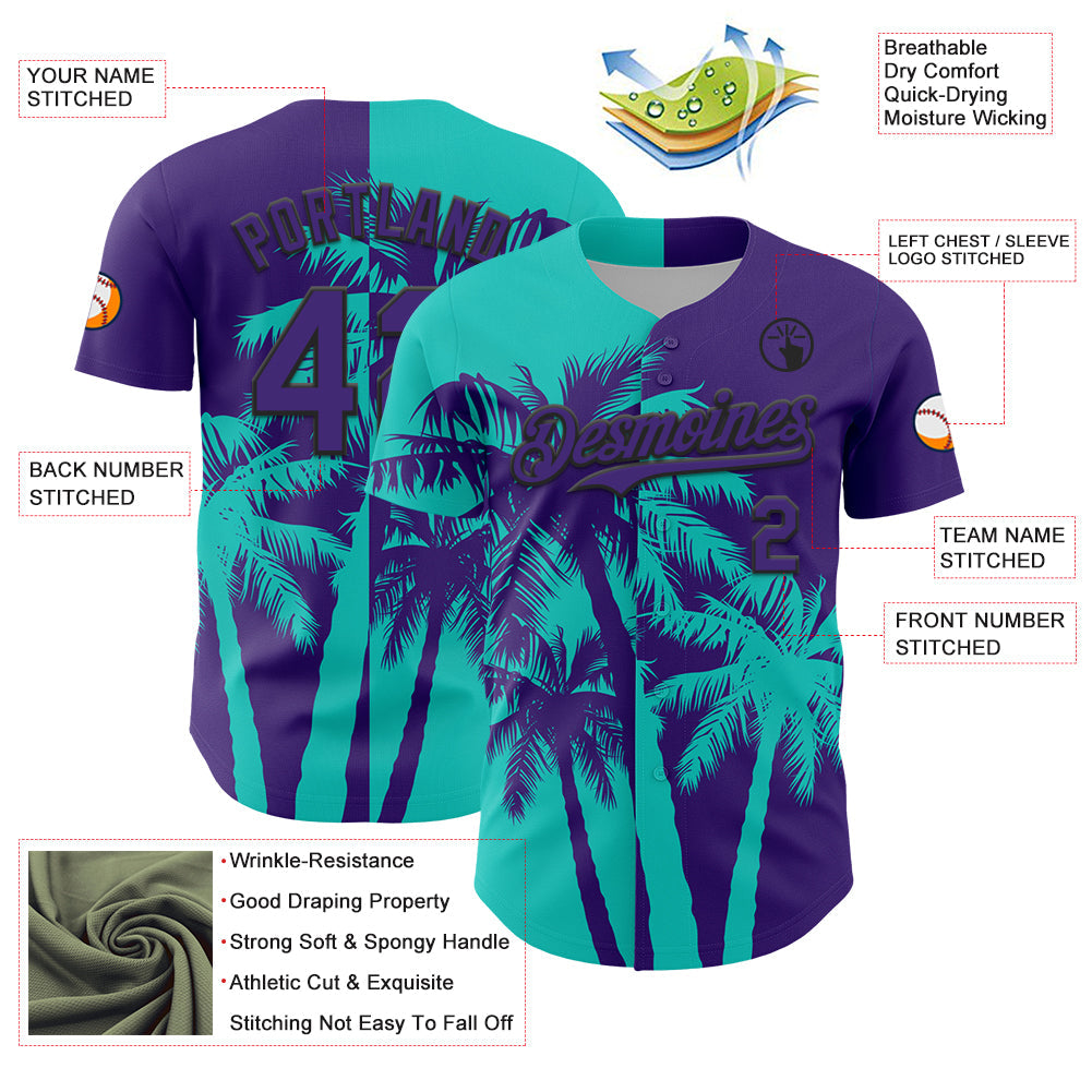 Custom Purple Aqua-Black Hawaii Palm Trees Tropical Coconut Authentic Baseball Jersey view 3