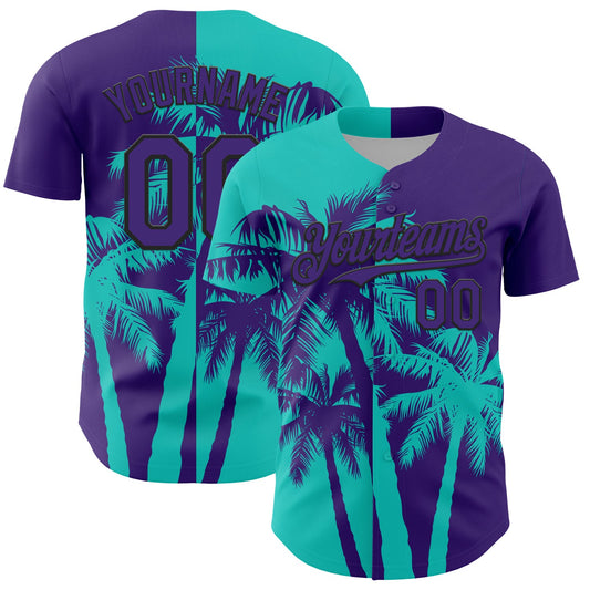 Custom Purple Aqua-Black Hawaii Palm Trees Tropical Coconut Authentic Baseball Jersey - Main View