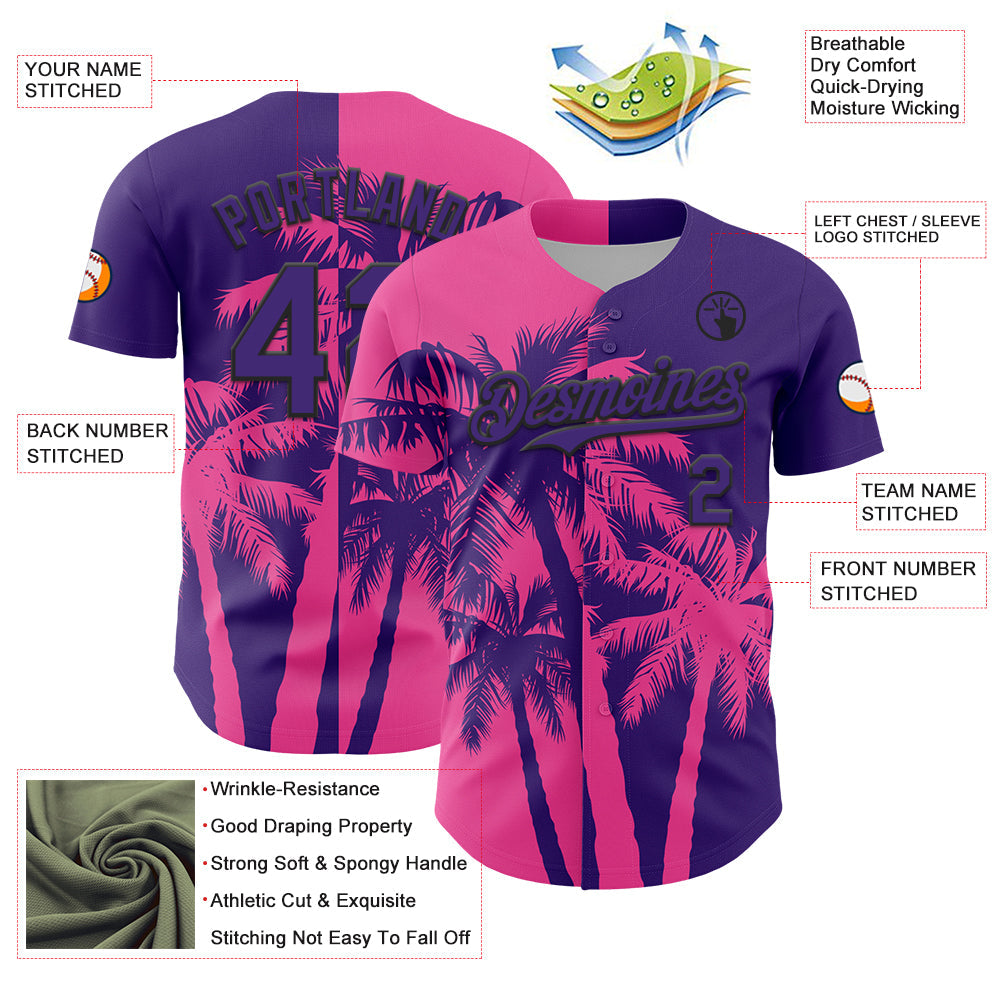 Custom Purple Pink-Black Hawaii Palm Trees Tropical Coconut Authentic Baseball Jersey view 3