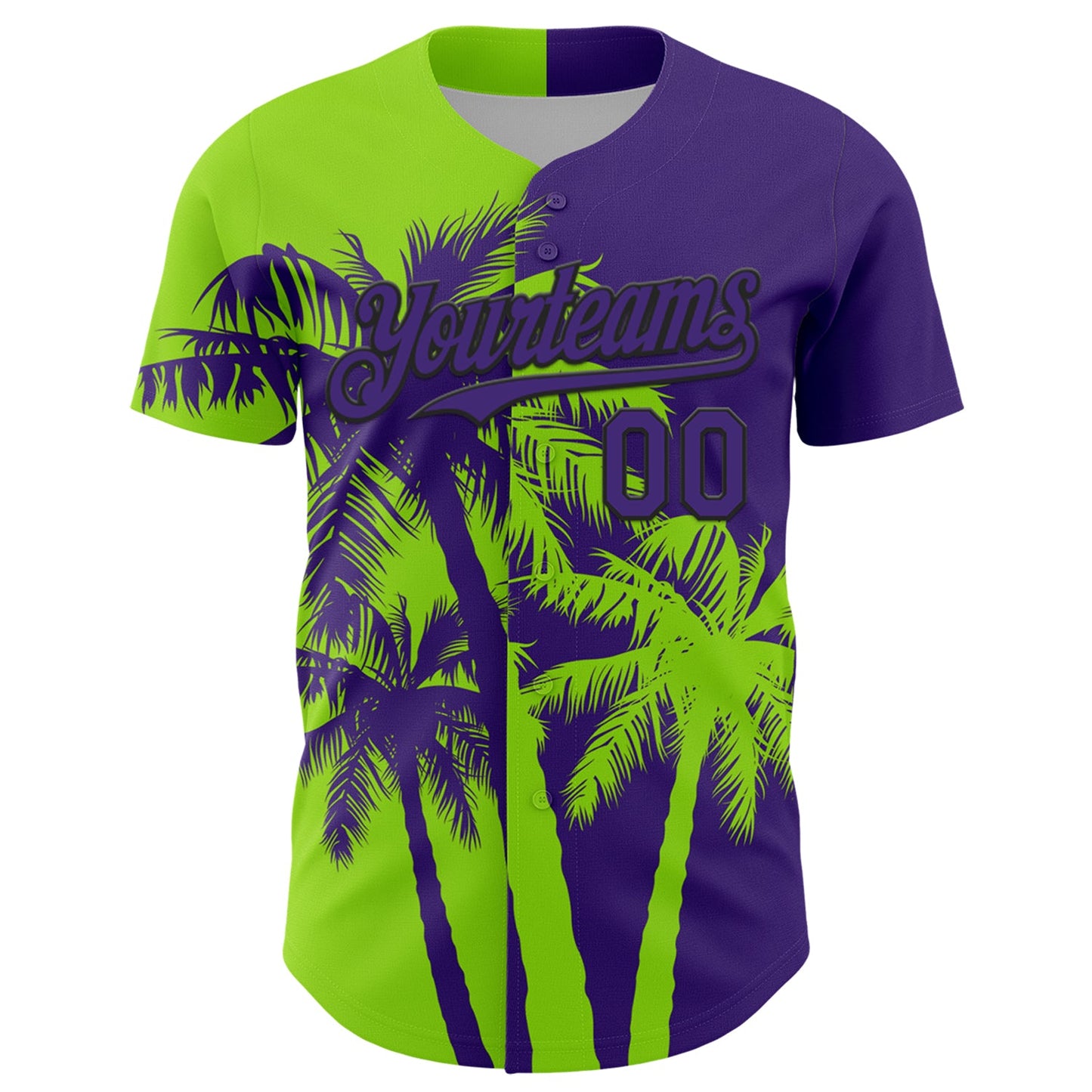 Custom Purple Neon Green-Black Hawaii Palm Trees Tropical Coconut Authentic Baseball Jersey view 2