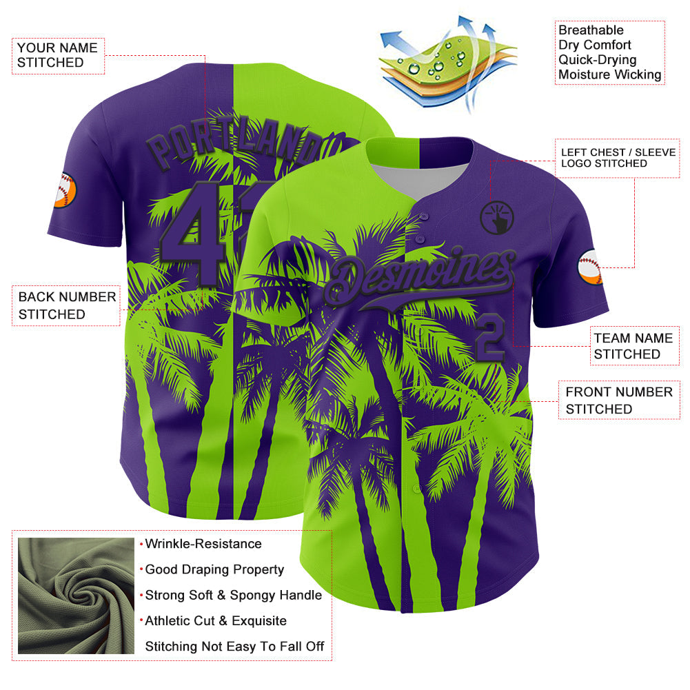 Custom Purple Neon Green-Black Hawaii Palm Trees Tropical Coconut Authentic Baseball Jersey view 3