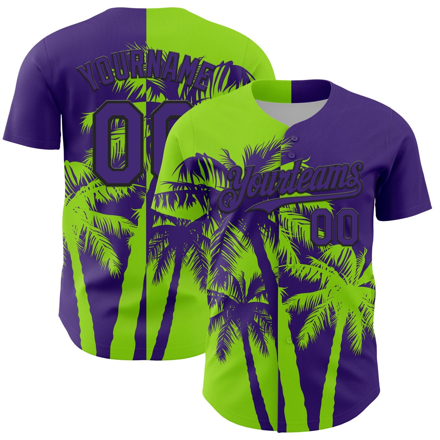 Custom Purple Neon Green-Black Hawaii Palm Trees Tropical Coconut Authentic Baseball Jersey - Main View