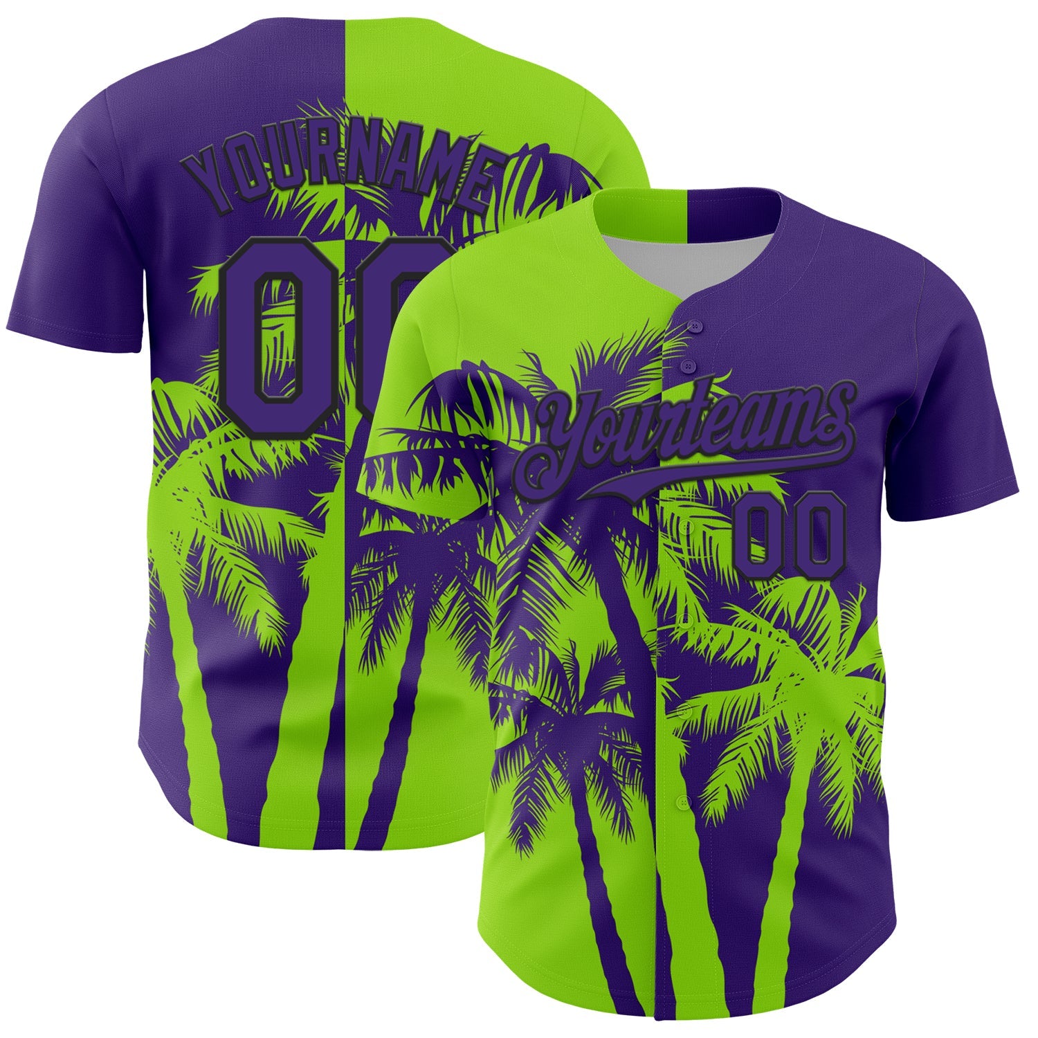 Custom Purple Neon Green-Black Hawaii Palm Trees Tropical Coconut Authentic Baseball Jersey - Main View