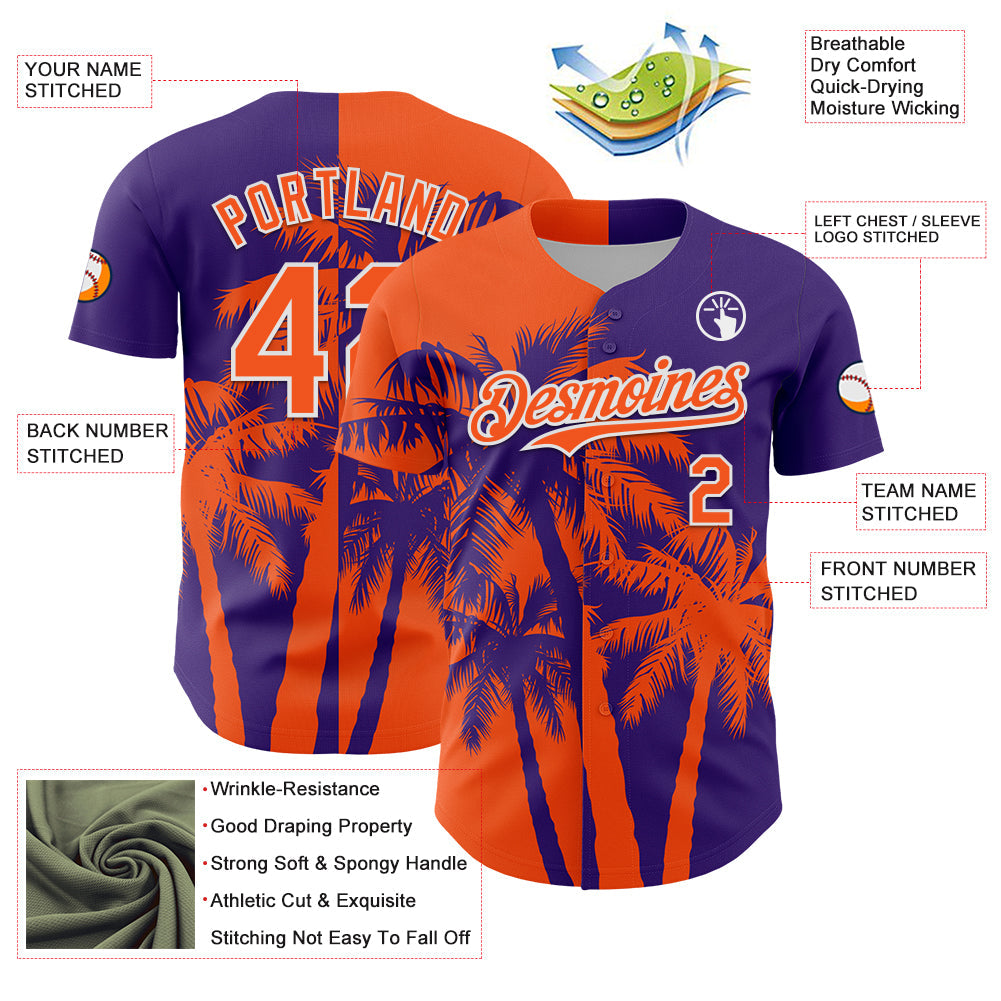 Custom Purple Orange-White Hawaii Palm Trees Tropical Coconut Authentic Baseball Jersey view 3