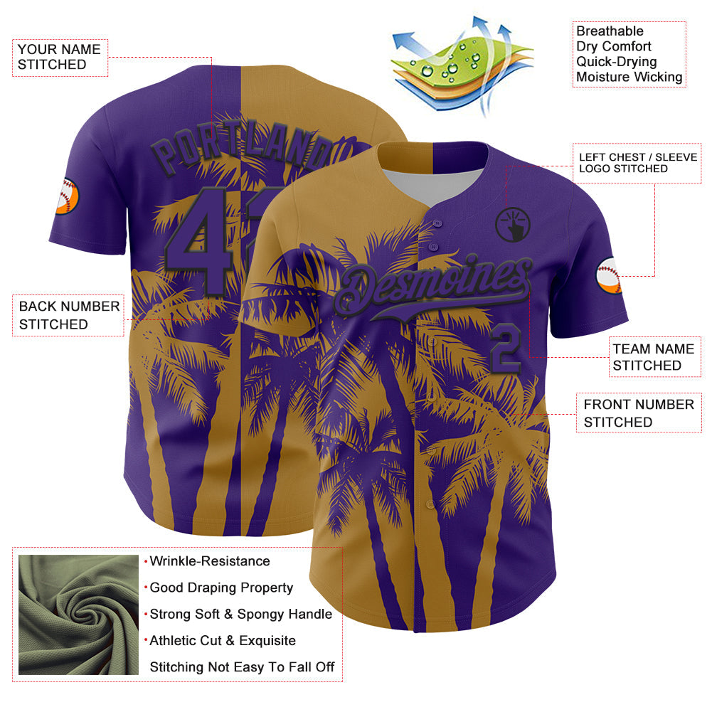 Custom Purple Old Gold-Black Hawaii Palm Trees Tropical Coconut Authentic Baseball Jersey view 3