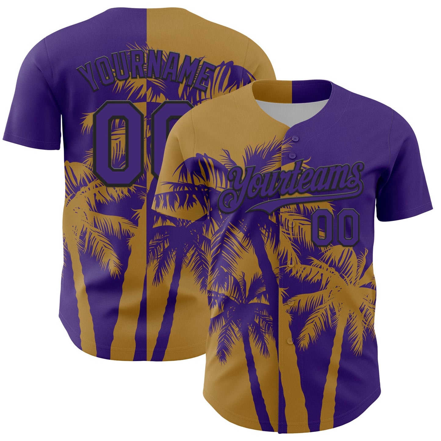 Custom Purple Old Gold-Black Hawaii Palm Trees Tropical Coconut Authentic Baseball Jersey - Main View