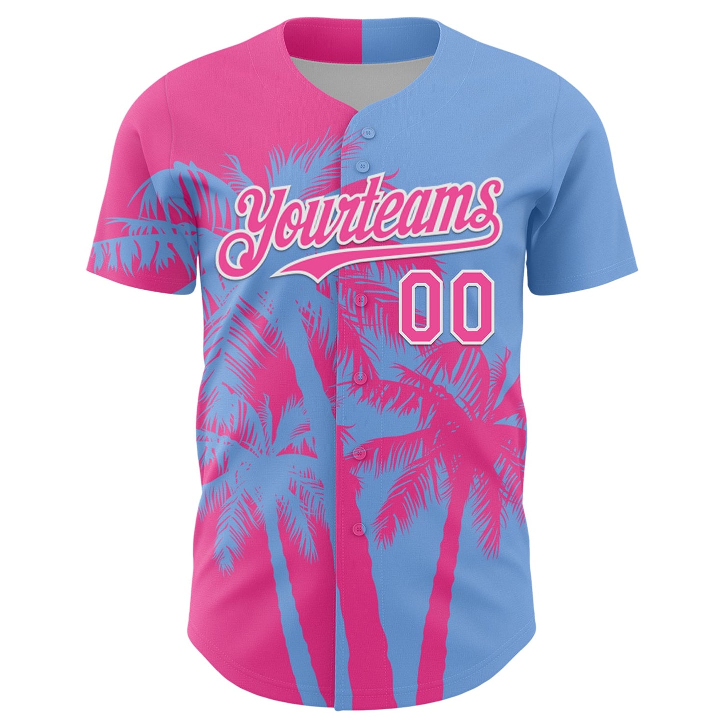 Custom Light Blue Pink-White Hawaii Palm Trees Tropical Coconut Authentic Baseball Jersey view 2