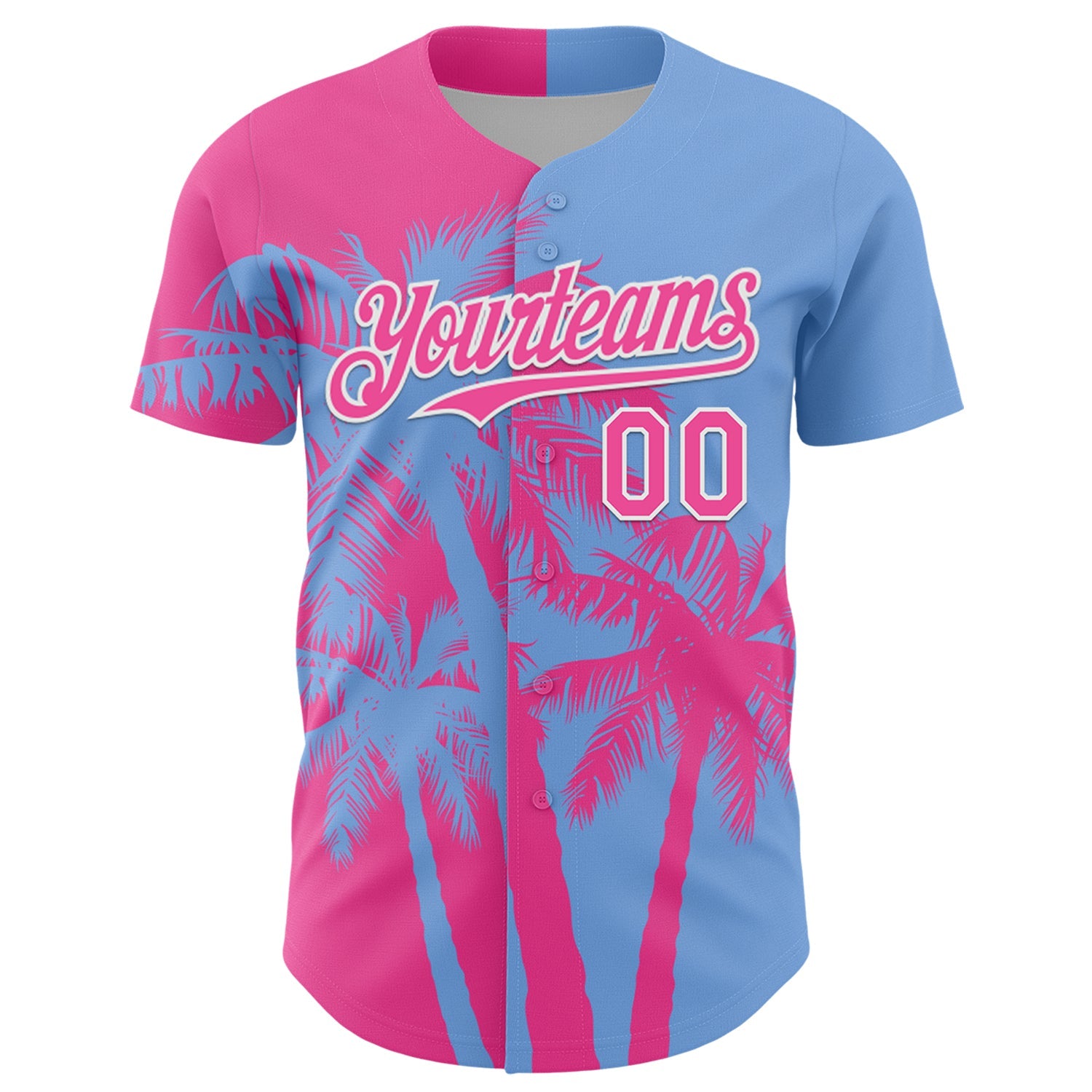 Custom Light Blue Pink-White Hawaii Palm Trees Tropical Coconut Authentic Baseball Jersey view 2
