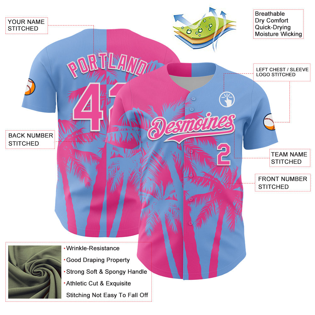 Custom Light Blue Pink-White Hawaii Palm Trees Tropical Coconut Authentic Baseball Jersey view 3