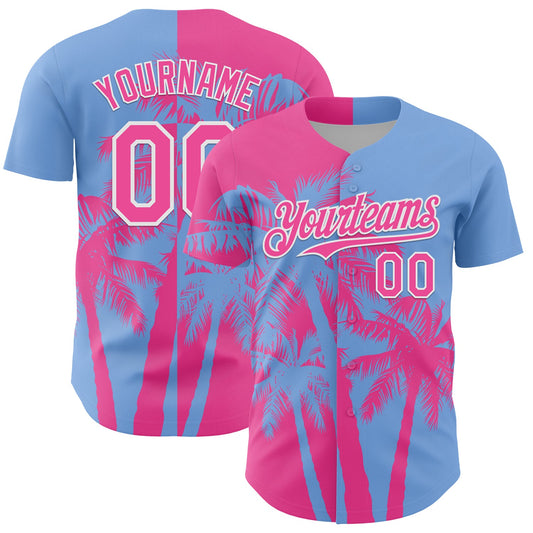 Custom Light Blue Pink-White Hawaii Palm Trees Tropical Coconut Authentic Baseball Jersey - Main View