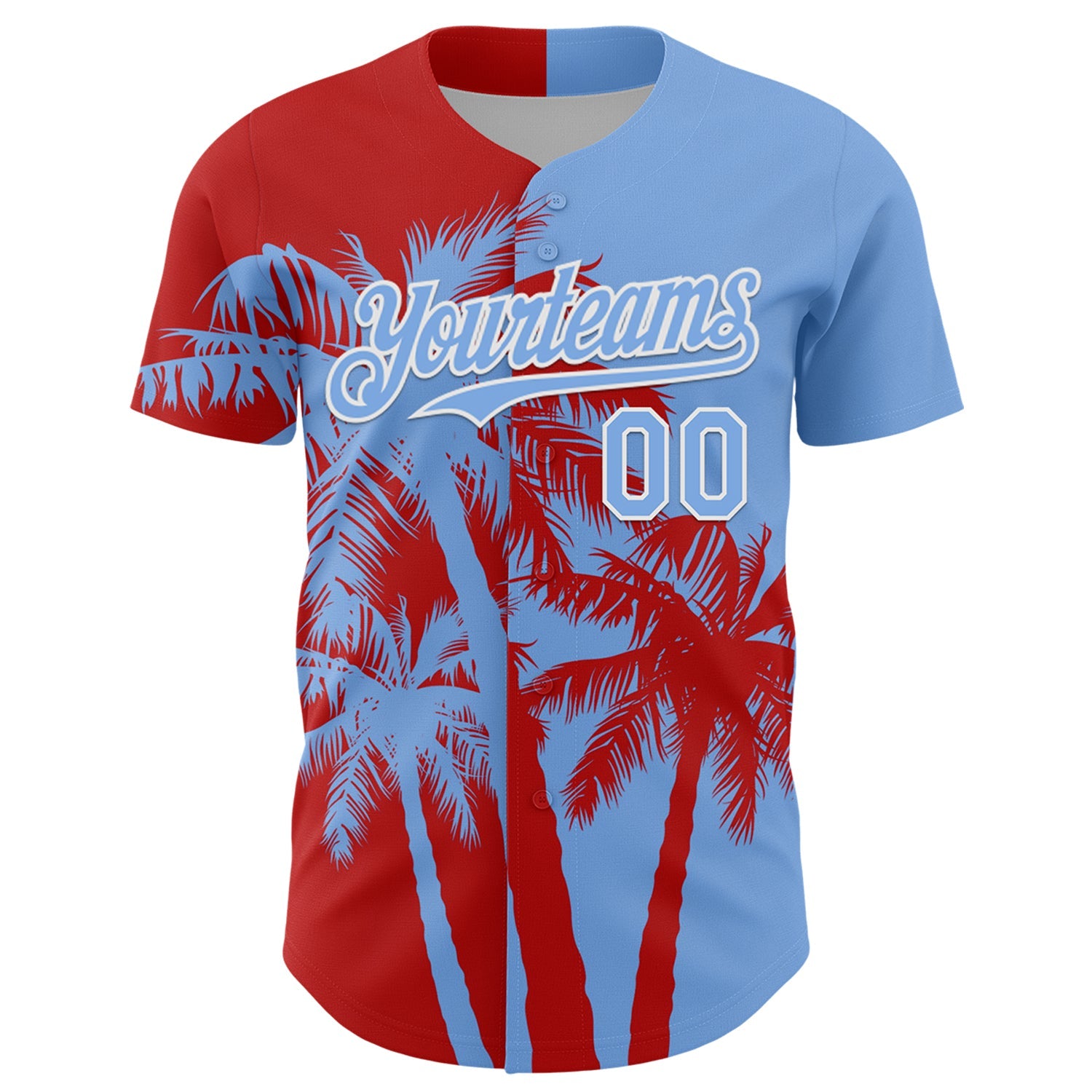 Custom Light Blue Red-White Hawaii Palm Trees Tropical Coconut Authentic Baseball Jersey view 2